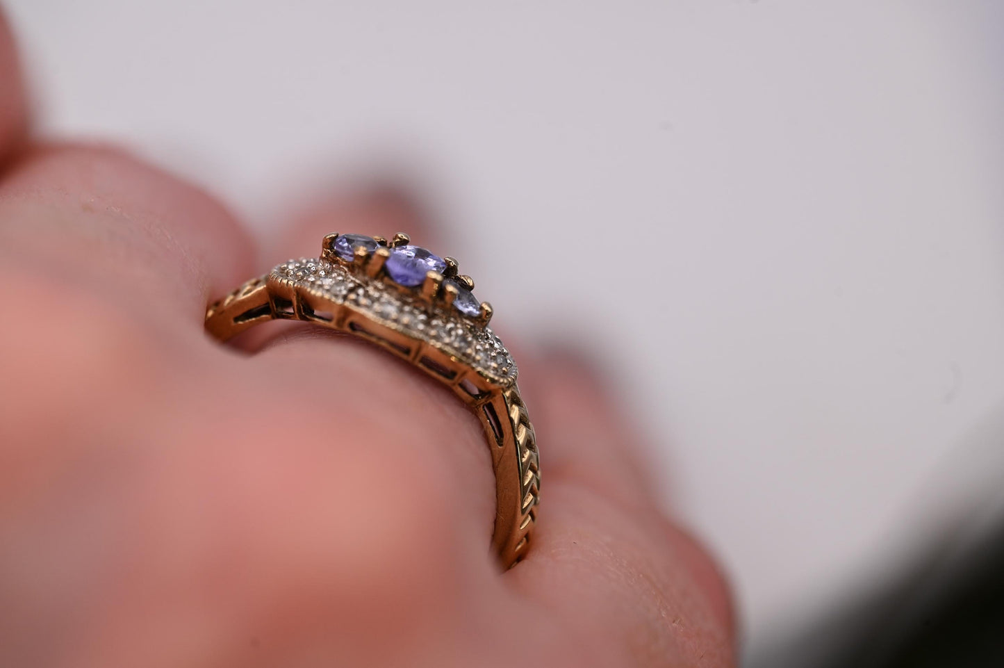 Mid-Century Unusual Tanzanite Diamond Cluster 9ct Gold Ring, Pretty Ornate Detail Jewellery, Real Diamond Fancy Ring, Unique Estate Jewelry