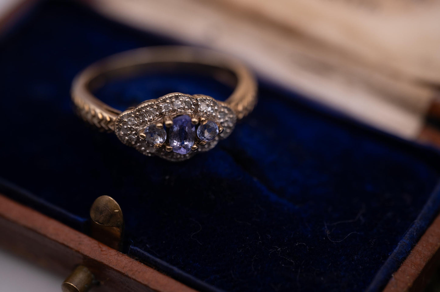 Mid-Century Unusual Tanzanite Diamond Cluster 9ct Gold Ring, Pretty Ornate Detail Jewellery, Real Diamond Fancy Ring, Unique Estate Jewelry