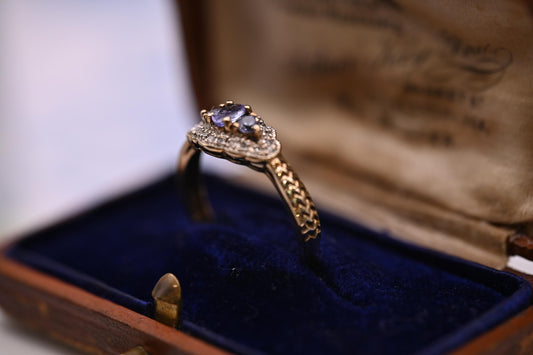 Mid-Century Unusual Tanzanite Diamond Cluster 9ct Gold Ring, Pretty Ornate Detail Jewellery, Real Diamond Fancy Ring, Unique Estate Jewelry