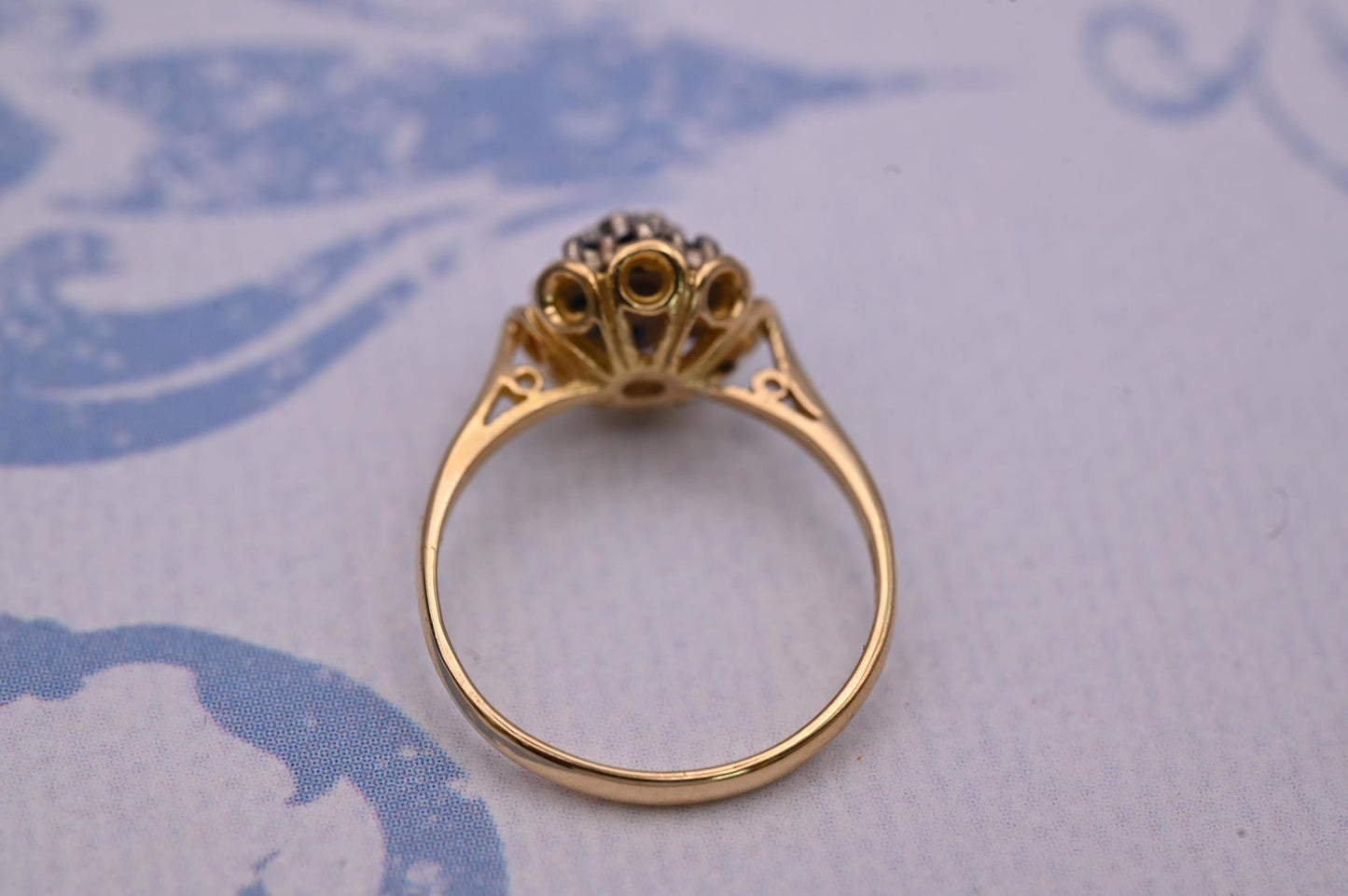 Vintage Mid-Century Sapphire and Diamond Ring, 18ct Yellow Gold Art Deco Floral Jewellery, Ornate Unique Heirloom Jewelry, Blue Dress Ring
