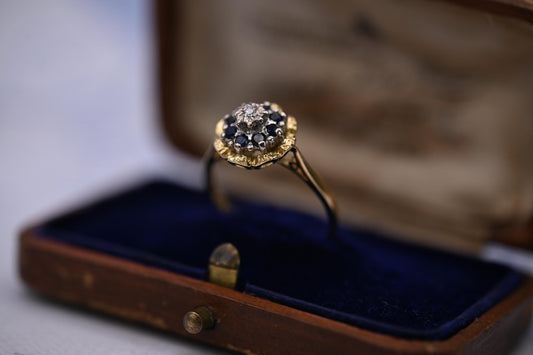 Vintage Mid-Century Sapphire and Diamond Ring, 18ct Yellow Gold Art Deco Floral Jewellery, Ornate Unique Heirloom Jewelry, Blue Dress Ring