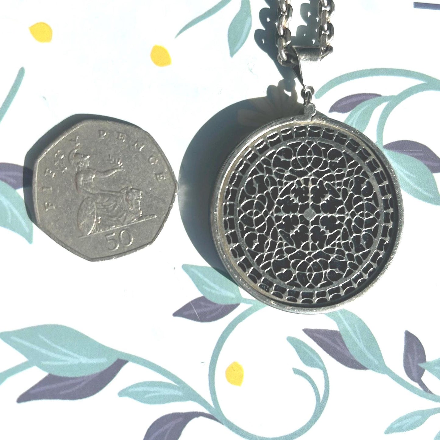 Vintage Silver Medallion Necklace, Chunky Filigree Silver Onyx Retro Necklace, 24" Chunky Chain, 80s London Made Silver Jewelry, Rare Find.