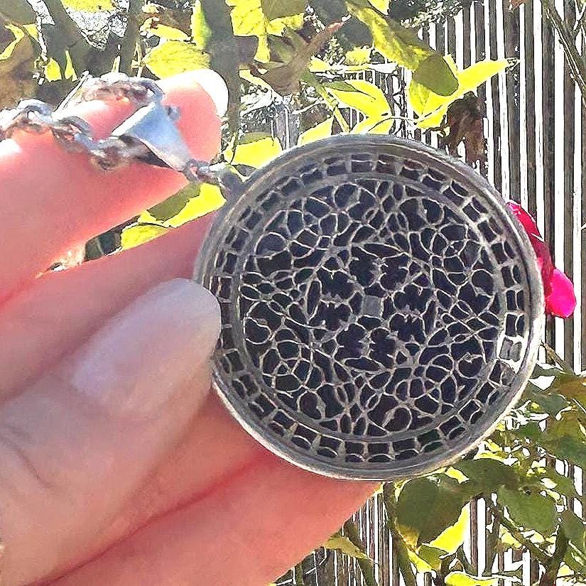 Vintage Silver Medallion Necklace, Chunky Filigree Silver Onyx Retro Necklace, 24" Chunky Chain, 80s London Made Silver Jewelry, Rare Find.