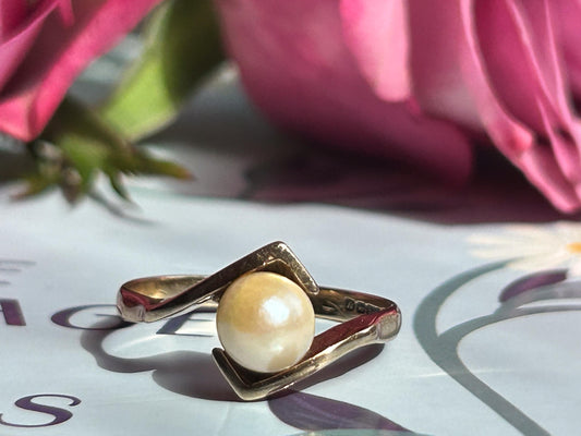 Vintage Champagne Pearl Ring, 9ct Yellow Gold, Mid-Century Jewelry, Size 8.5