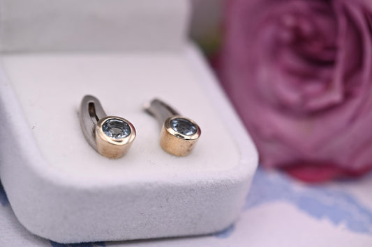 Vintage Aquamarine Sterling Silver Earrings, 9ct Gold and Silver Jewellery, Blue Stud Earrings, Unusual Jewelry, Mixed Metal Jewelry