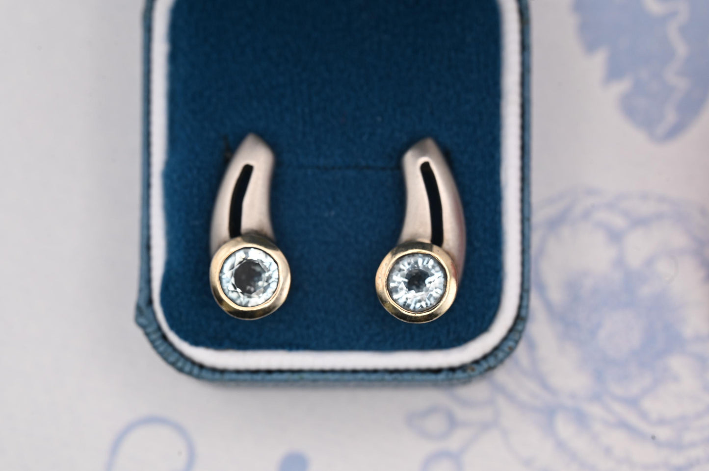 Vintage Aquamarine Sterling Silver Earrings, 9ct Gold and Silver Jewellery, Blue Stud Earrings, Unusual Jewelry, Mixed Metal Jewelry