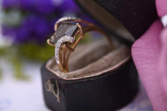Vintage Smokey Quartz and Diamond Cocktail Ring 9ct Gold British Hallmarked, dress ring 9K unusual ring, English Jewelry Real Gold