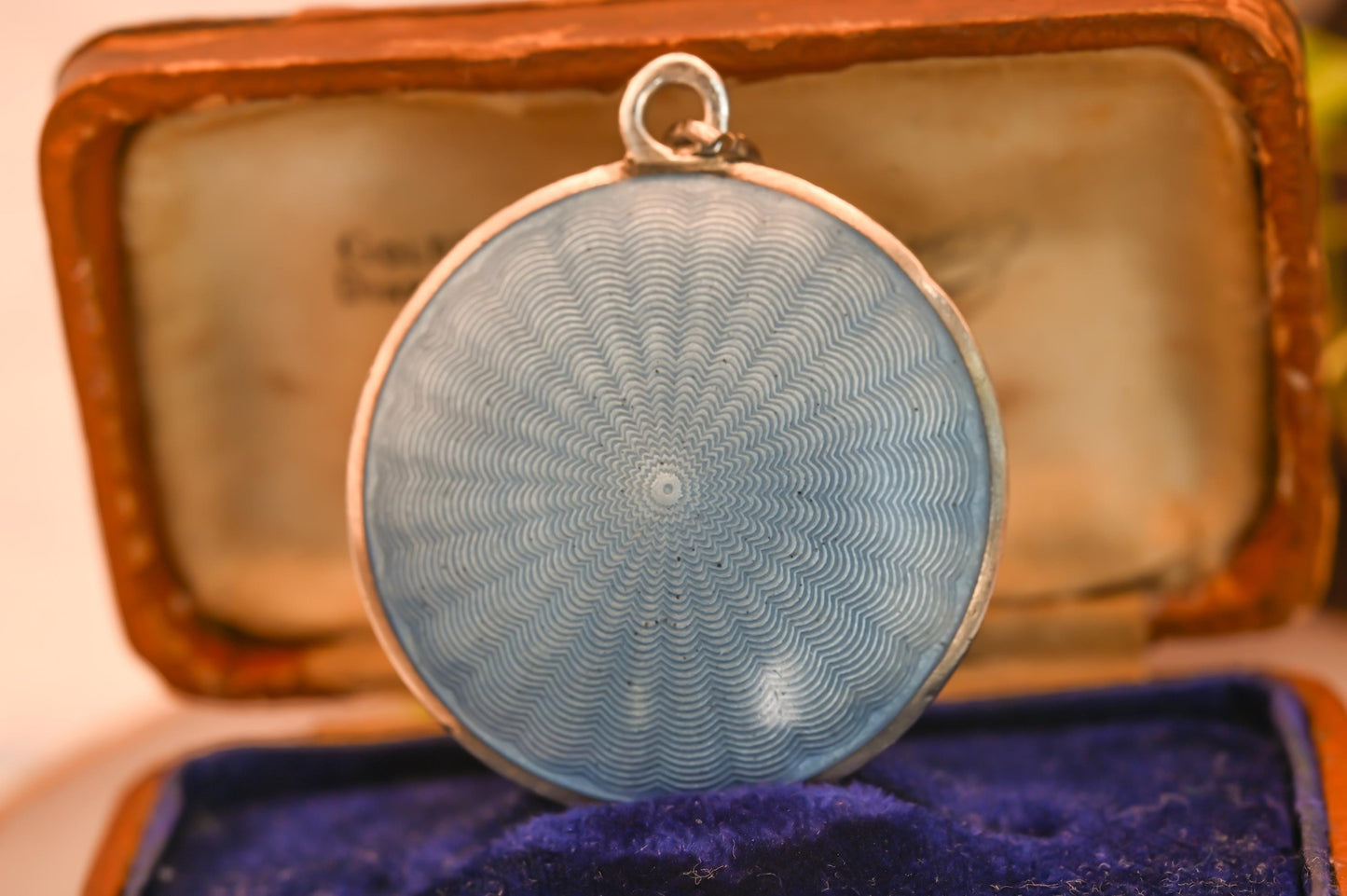 Antique French Real Silver Blue Guilloche Enamel Compact Pendant - Original Mirror: Circa 1890. Rare Item Antique Locket Silver - Collectors