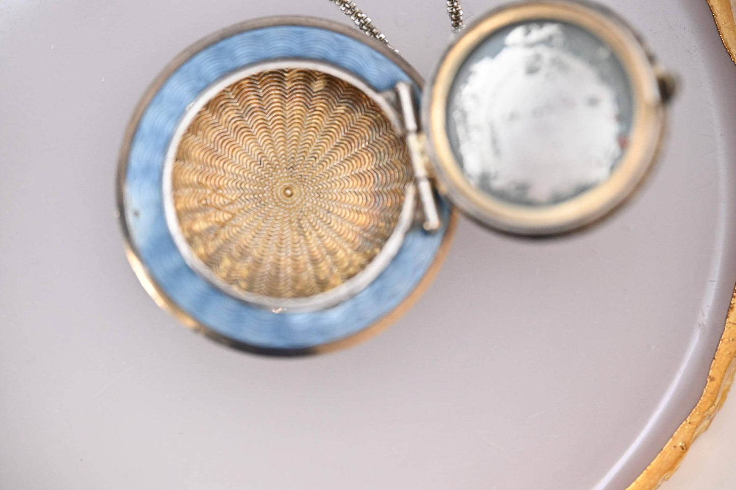 Antique French Real Silver Blue Guilloche Enamel Compact Pendant - Original Mirror: Circa 1890. Rare Item Antique Locket Silver - Collectors