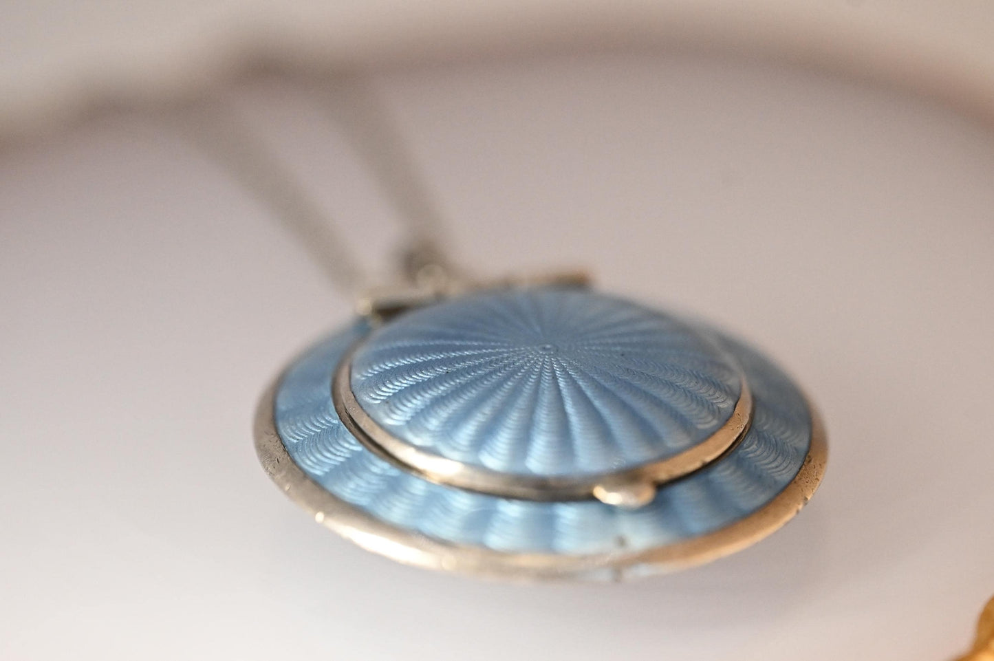 Antique French Real Silver Blue Guilloche Enamel Compact Pendant - Original Mirror: Circa 1890. Rare Item Antique Locket Silver - Collectors
