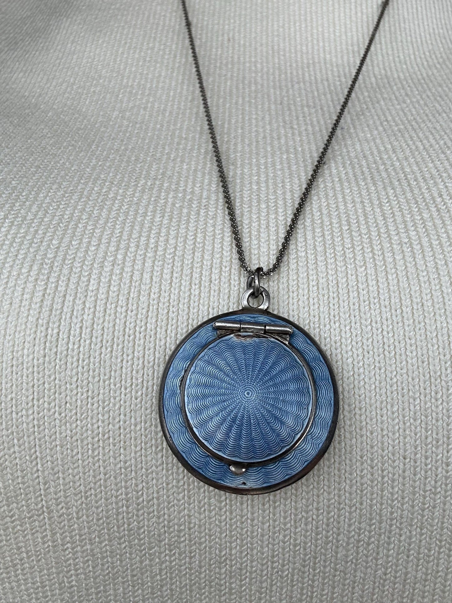 Antique French Real Silver Blue Guilloche Enamel Compact Pendant - Original Mirror: Circa 1890. Rare Item Antique Locket Silver - Collectors