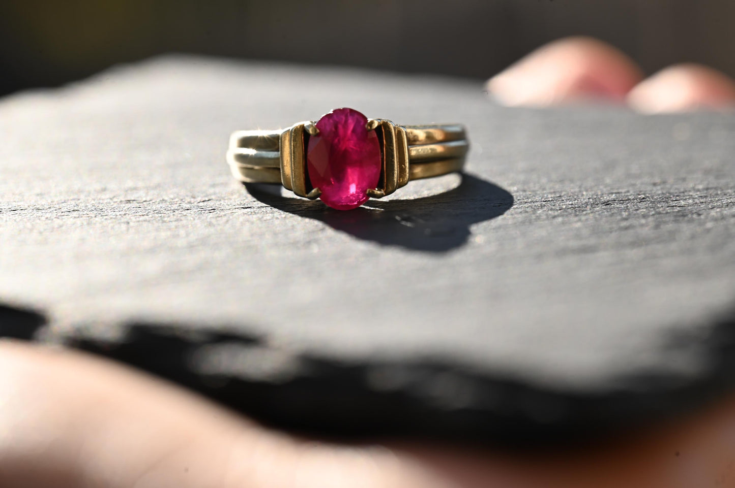 Stunning Vintage 9ct Gold Ruby Solitaire, Unusual Ring , Fully Hallmarked British Vintage. July Birthstone/ Size L / US: 6