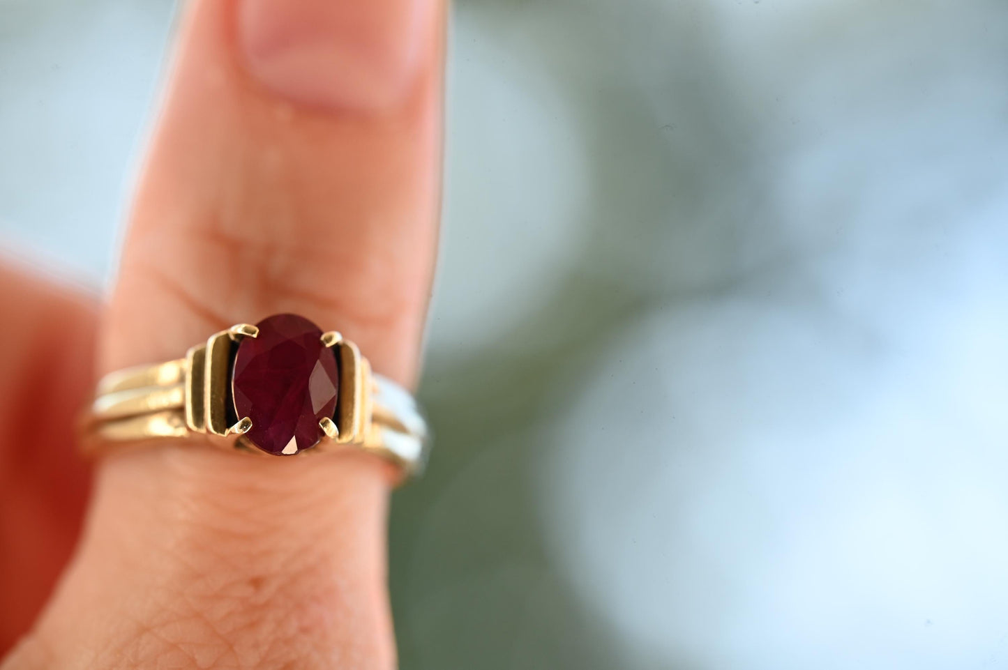 Stunning Vintage 9ct Gold Ruby Solitaire, Unusual Ring , Fully Hallmarked British Vintage. July Birthstone/ Size L / US: 6