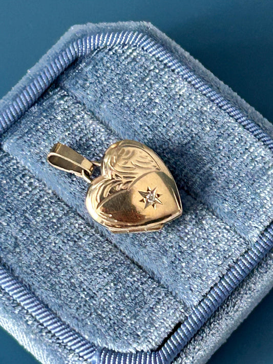 Vintage 9ct Yellow Gold Heart Locket with Diamond, Dainty Gold Photo Pendant, Real Diamond Keepsake Memory Jewelry, Unusual Heart Pendant