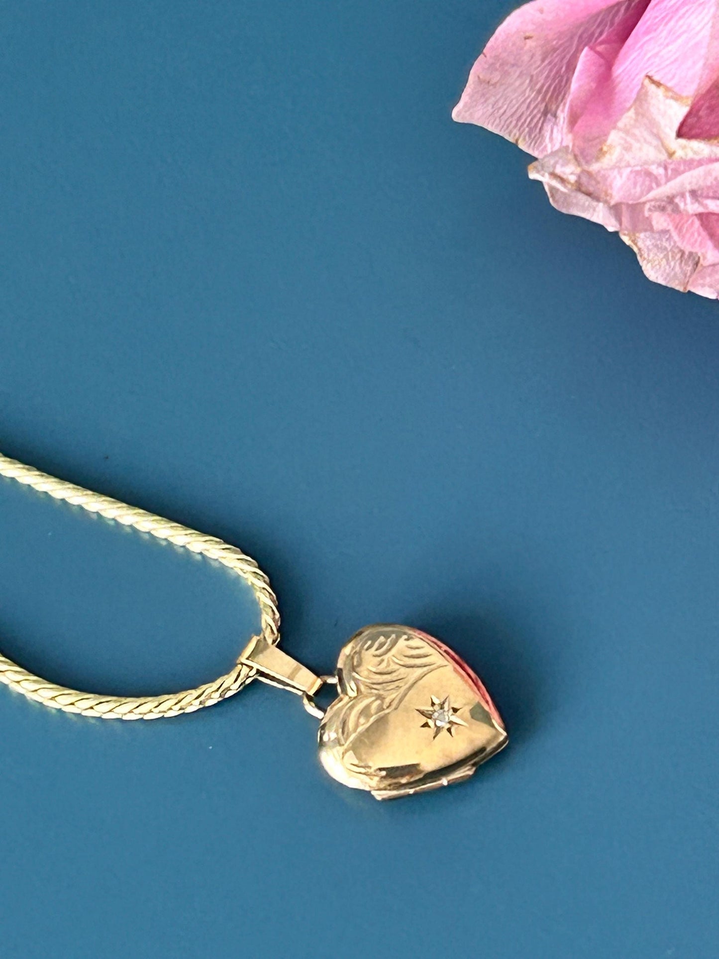Vintage 9ct Yellow Gold Heart Locket with Diamond, Dainty Gold Photo Pendant, Real Diamond Keepsake Memory Jewelry, Unusual Heart Pendant