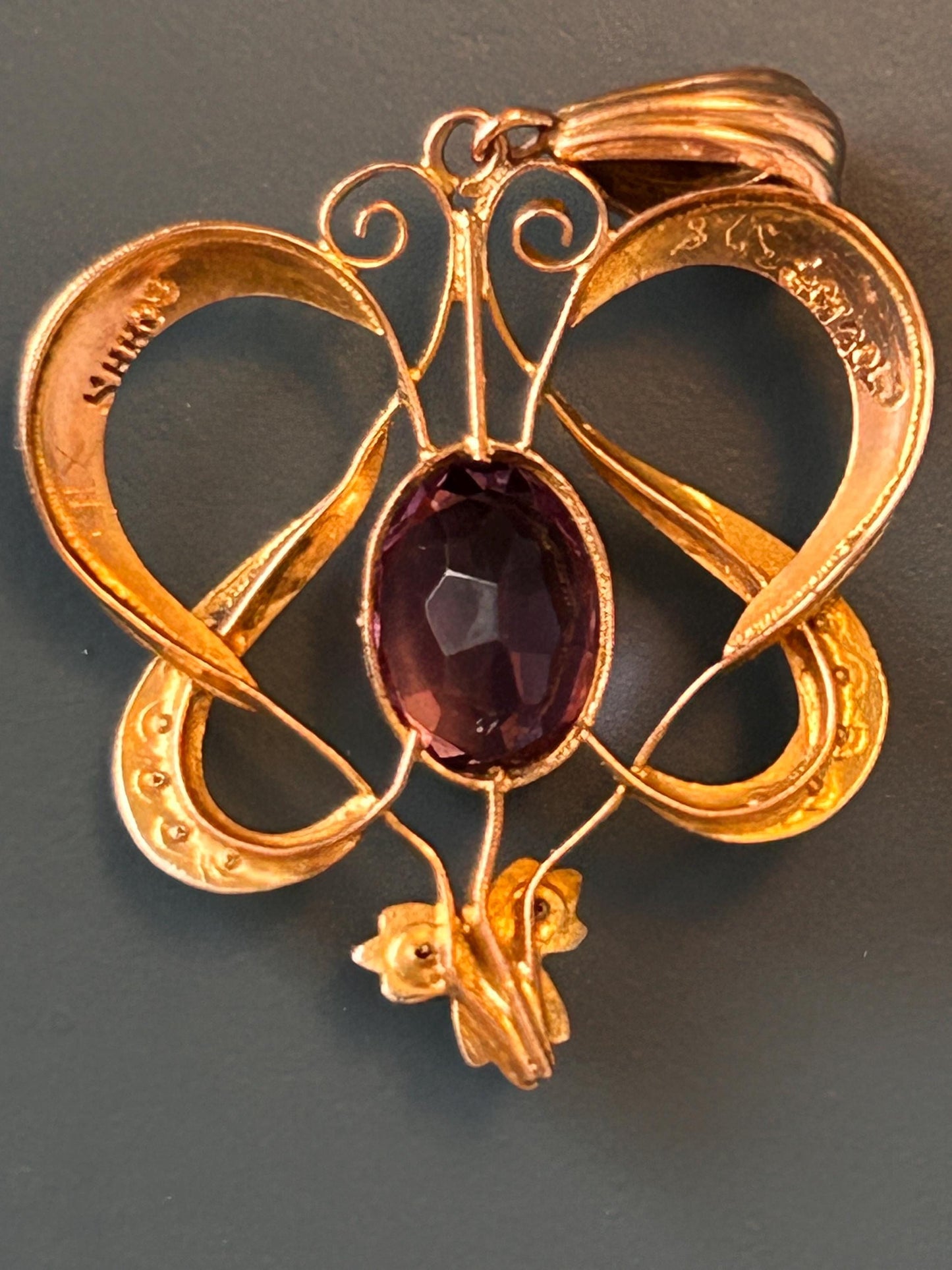 Antique 1915 Art Nouveau 9ct Rose and Yellow Gold Floral Pendant with 1.5CT Amethyst Drop Pendant, 9k Antique Pendant.