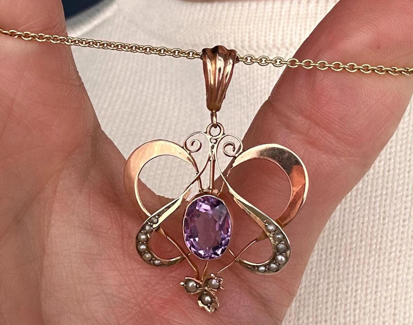 Antique 1915 Art Nouveau 9ct Rose and Yellow Gold Floral Pendant with 1.5CT Amethyst Drop Pendant, 9k Antique Pendant.