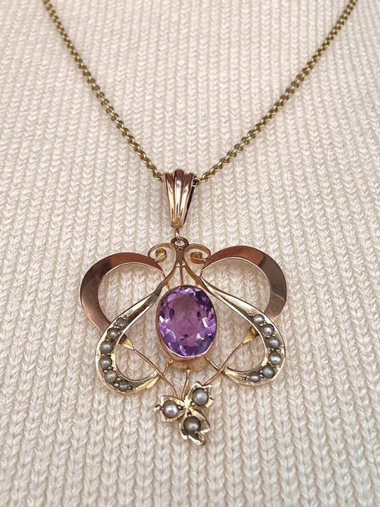 Antique 1915 Art Nouveau 9ct Rose and Yellow Gold Floral Pendant with 1.5CT Amethyst Drop Pendant, 9k Antique Pendant.