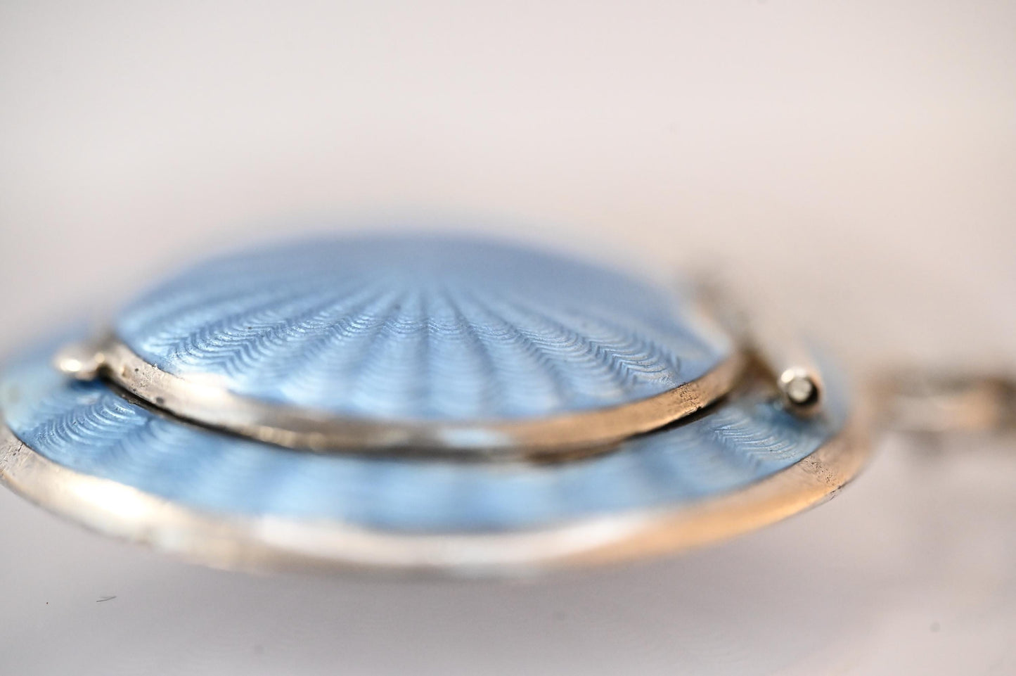 Antique French Real Silver Blue Guilloche Enamel Compact Pendant - Original Mirror: Circa 1890. Rare Item Antique Locket Silver - Collectors