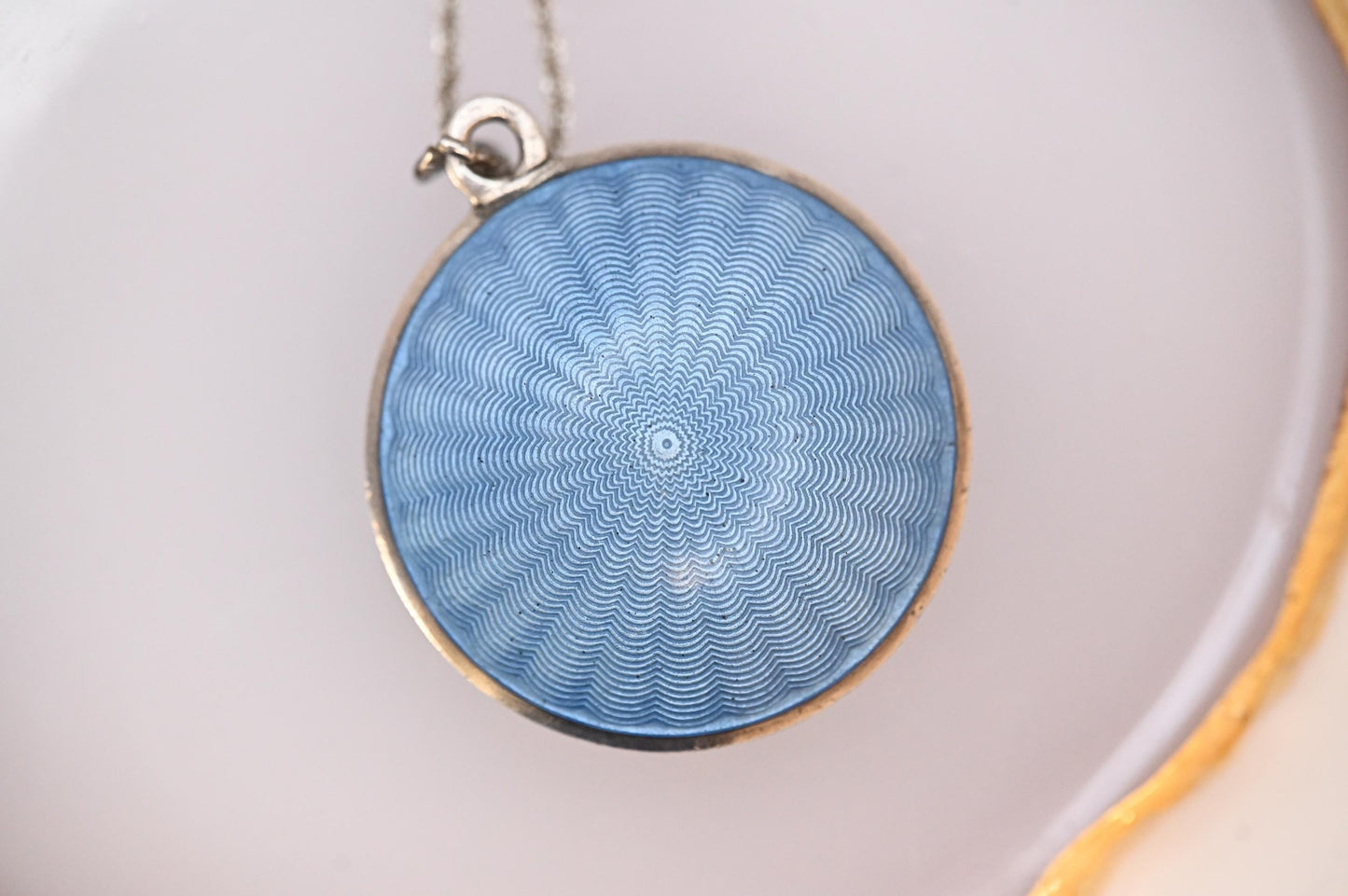 Antique French Real Silver Blue Guilloche Enamel Compact Pendant - Original Mirror: Circa 1890. Rare Item Antique Locket Silver - Collectors