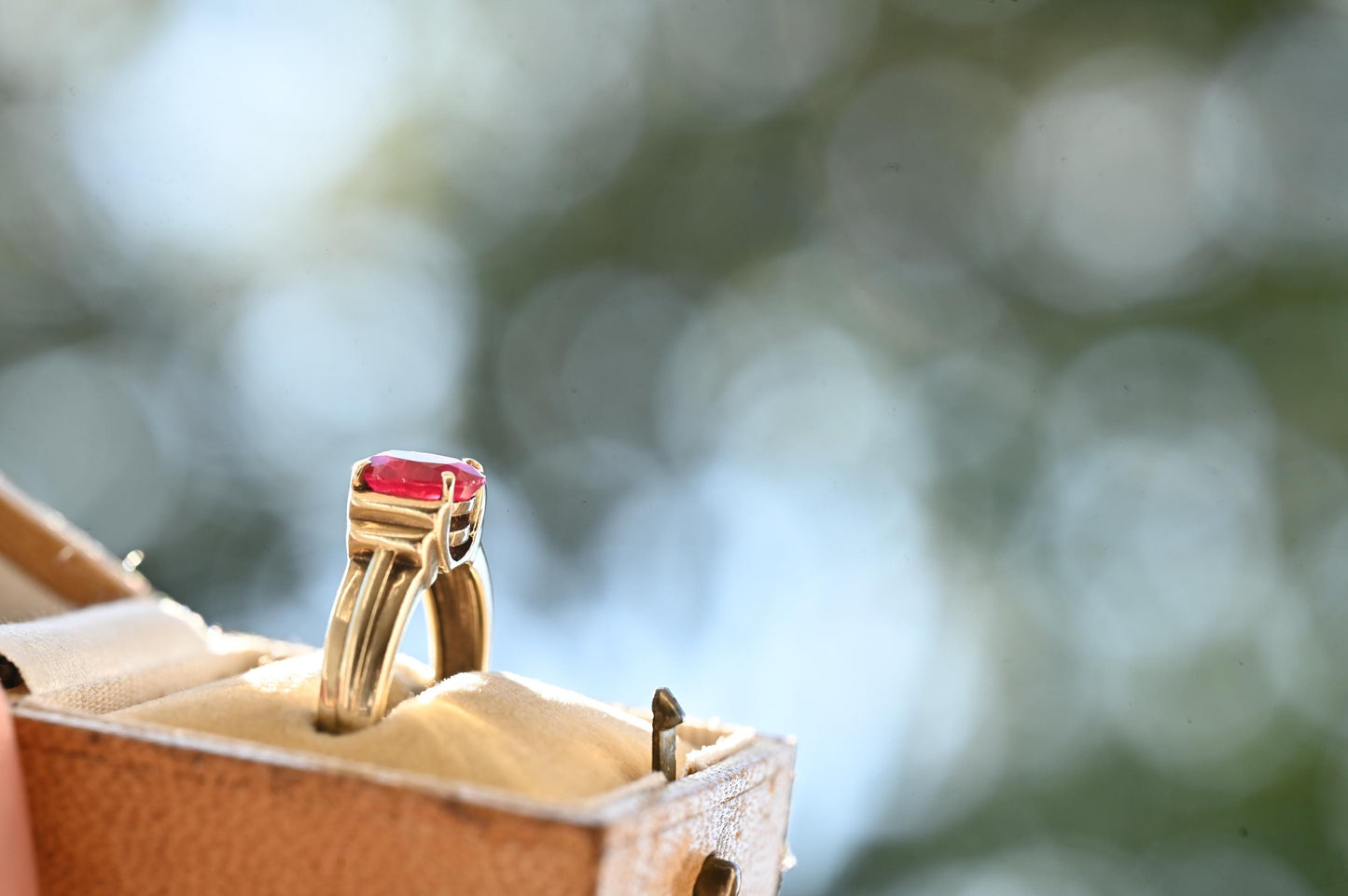 Stunning Vintage 9ct Gold Ruby Solitaire, Unusual Ring , Fully Hallmarked British Vintage. July Birthstone/ Size L / US: 6