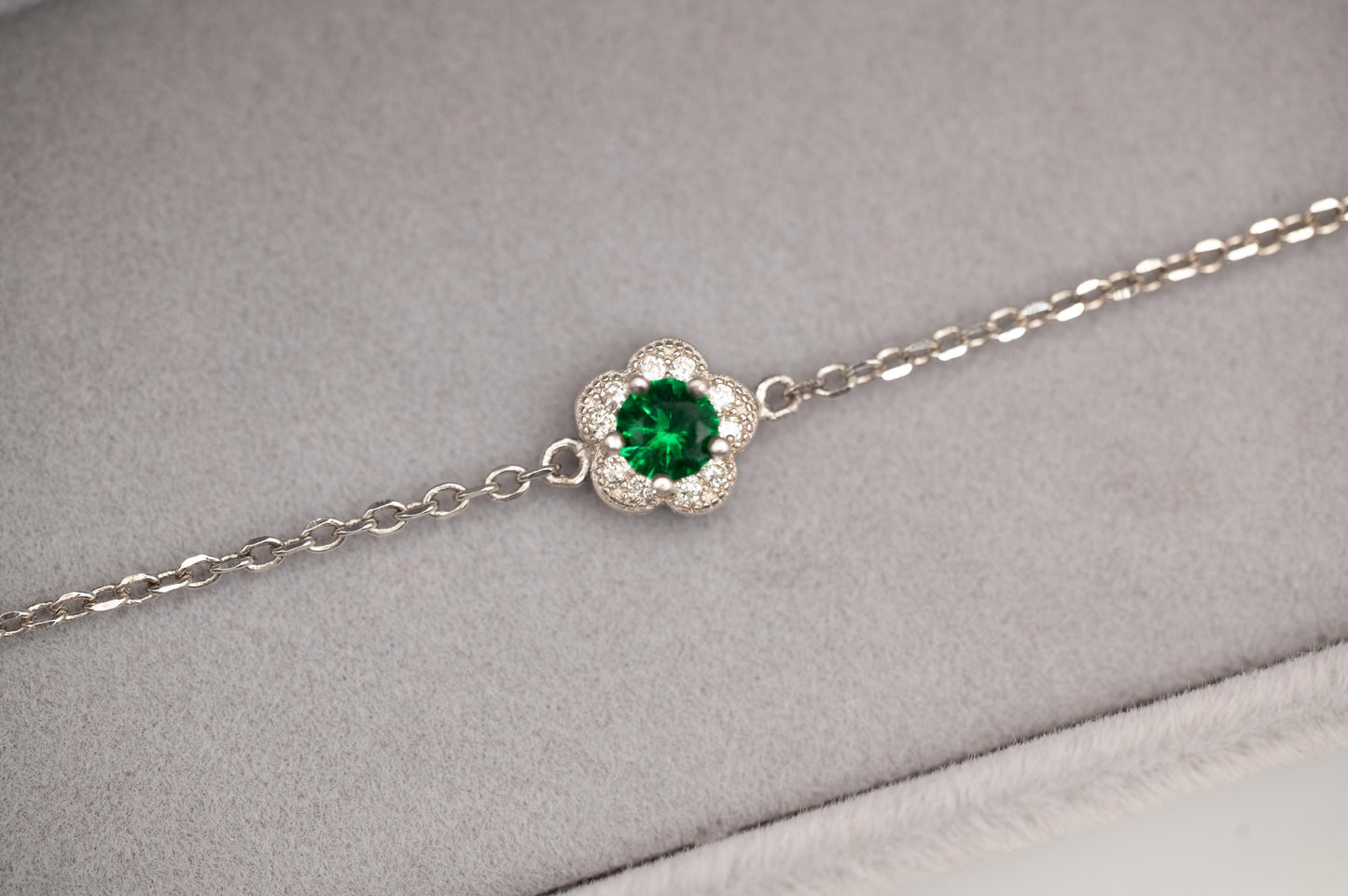 Sterling Silver Emerald Green Crystal Flower Charm Bracelet, Dainty Chain Bracelet with Flower, Stacking Bracelet Jewelry - May Birthstone