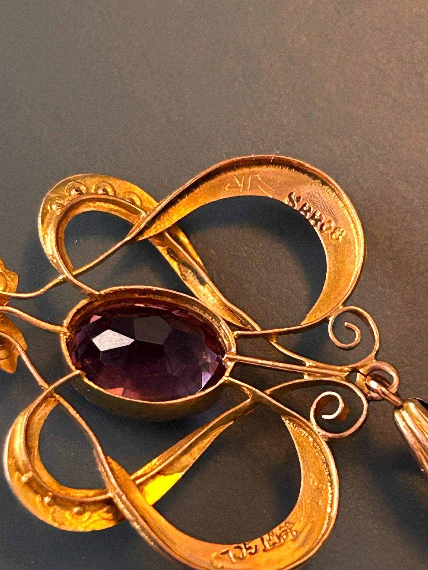 Antique 1915 Art Nouveau 9ct Rose and Yellow Gold Floral Pendant with 1.5CT Amethyst Drop Pendant, 9k Antique Pendant.