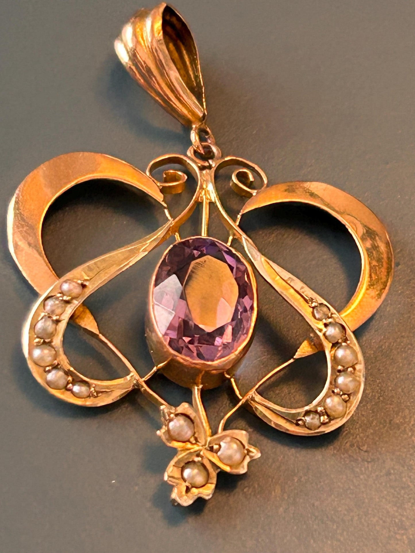 Antique 1915 Art Nouveau 9ct Rose and Yellow Gold Floral Pendant with 1.5CT Amethyst Drop Pendant, 9k Antique Pendant.