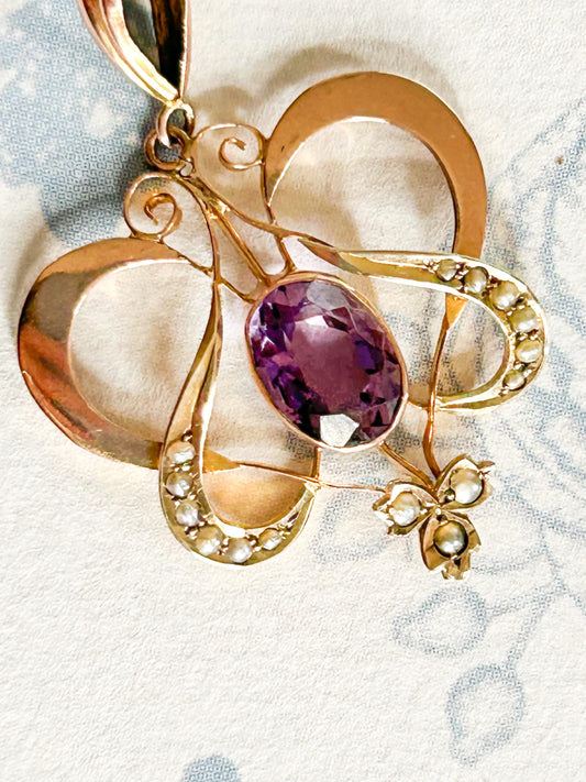 Antique 1915 Art Nouveau 9ct Rose and Yellow Gold Floral Pendant with 1.5CT Amethyst Drop Pendant, 9k Antique Pendant.
