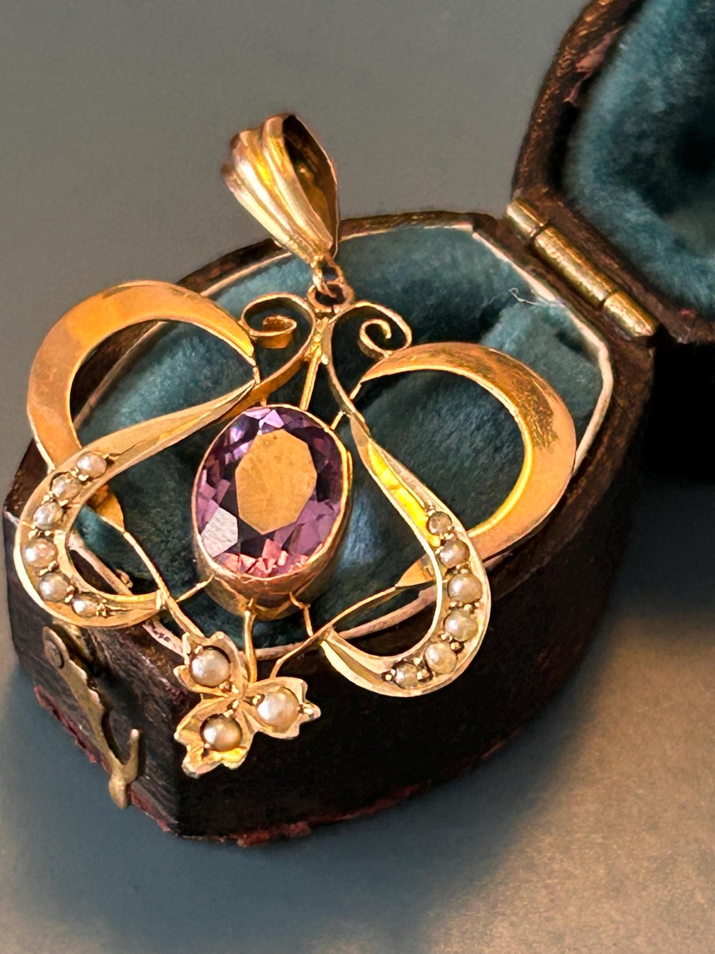Antique 1915 Art Nouveau 9ct Rose and Yellow Gold Floral Pendant with 1.5CT Amethyst Drop Pendant, 9k Antique Pendant.