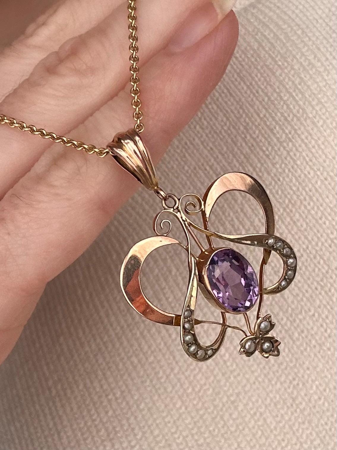 Antique 1915 Art Nouveau 9ct Rose and Yellow Gold Floral Pendant with 1.5CT Amethyst Drop Pendant, 9k Antique Pendant.