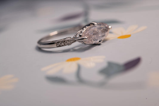 Vintage 9ct Gold Rose Quartz and Diamond Cocktail Ring, Marquise Cut Engagement Ring White Gold - England Assayed