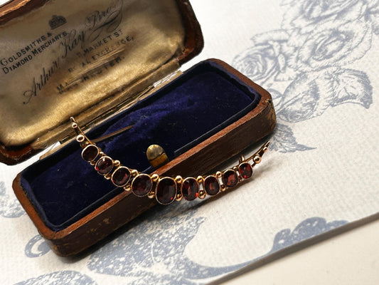 Victorian 9ct Moon Cresecent Brooch Garnet Antique Jewellery