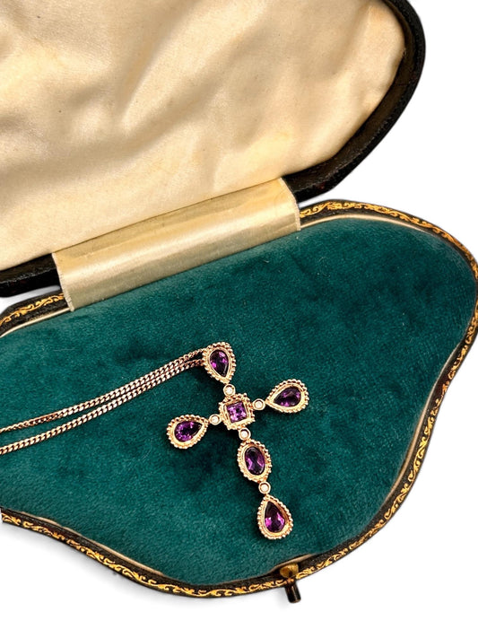 Vintage Clogau 9ct Rose Gold Amethyst Diamond Cross Necklace with 18” Chain