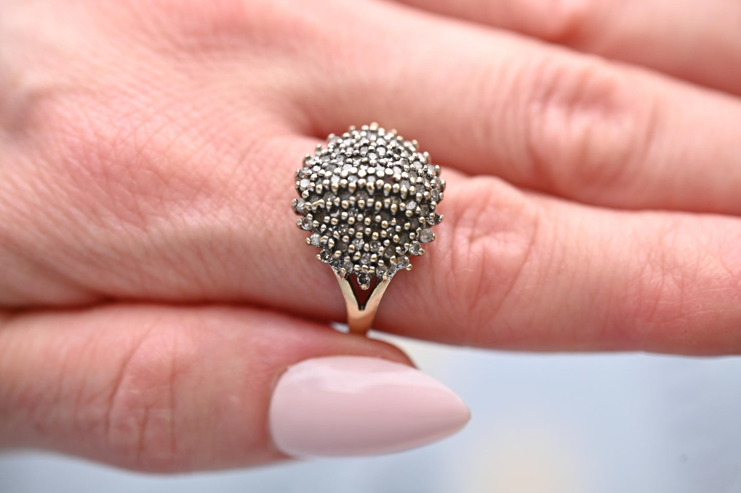 Vintage 9ct Gold Champaign Diamond Bomb Cluster Size N 1/2 - US 7 - Statement Jewelry