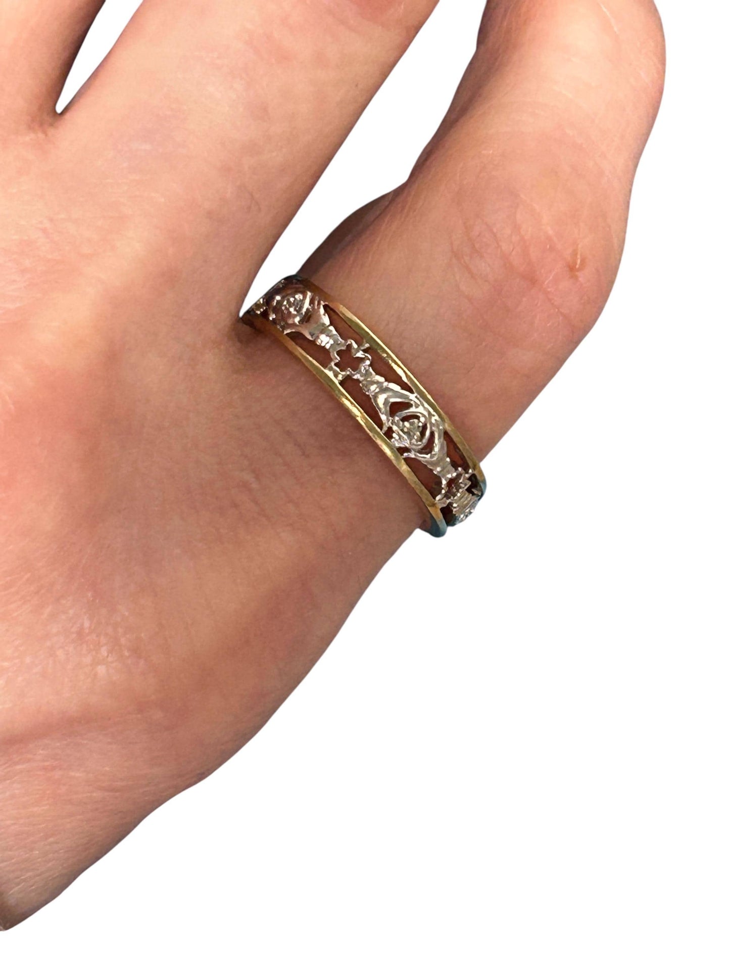 Vintage 9ct Claddagh Heart Ring yellow and white gold Diamond 9ct Gold with inscription. Ring Size N / US 7