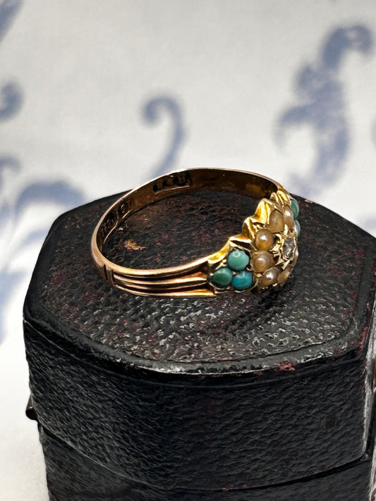 Antique - Rare Victorian 15ct Gold Turquoise and Seed Pearl Rose Cut Diamond Dainty Star Ring