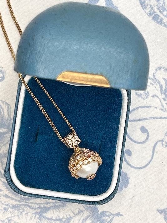 Vintage Clogau 9ct Gold Pearl and Diamond Crowned Pendant with Chain - Welsh Gold Heirloom Estate Jewelry