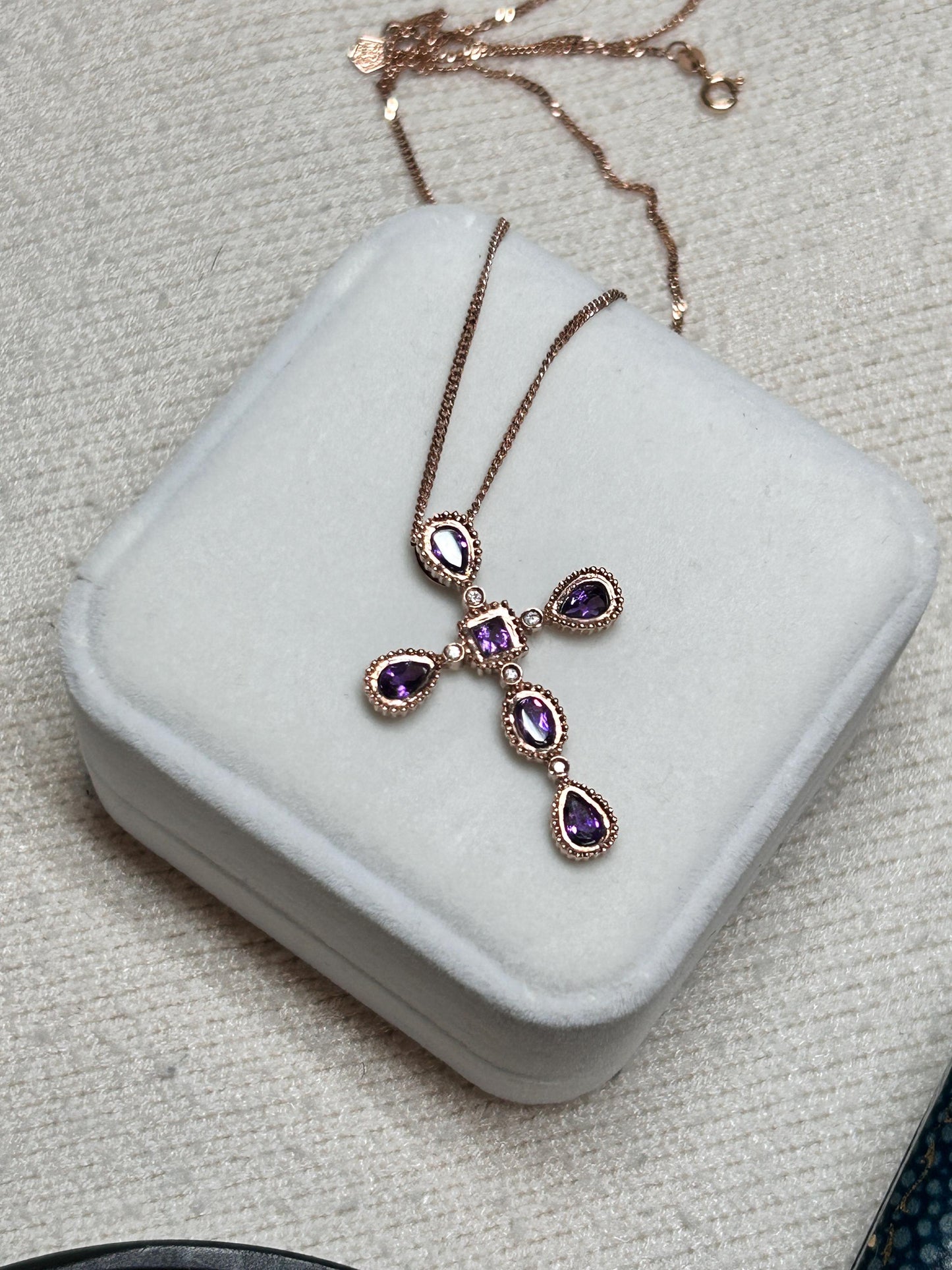 Vintage Clogau 9ct Rose Gold Amethyst Diamond Cross Necklace with 18” Chain