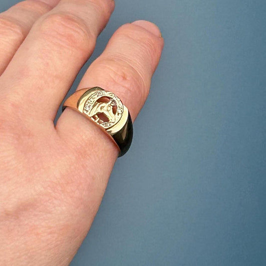 Vintage 9ct Gold Horse Equestrian Ring with Diamonds UK - N / US - 7 - Lucky Horseshoe Jewellery