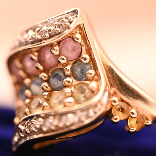 Vintage 9ct Gold Dress Ring with Diamond and Multi Sapphires Size N/ 7 - Cocktail Jewellery