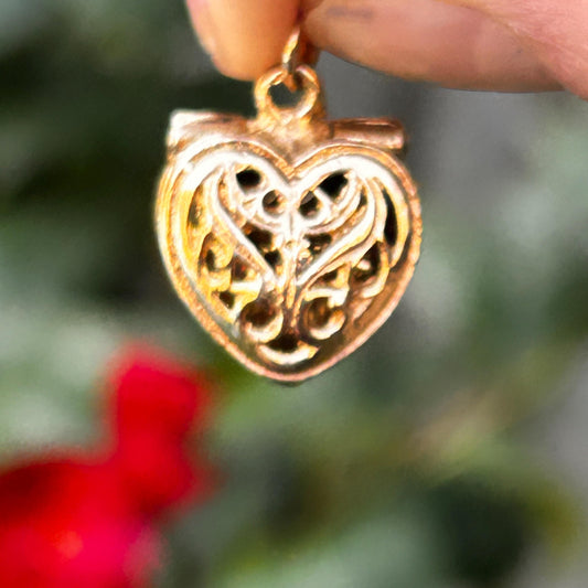 Vintage Mid-Century 9ct Gold Heart Box with Surprise Ring Pendant - Collectable Charm English Hallmark
