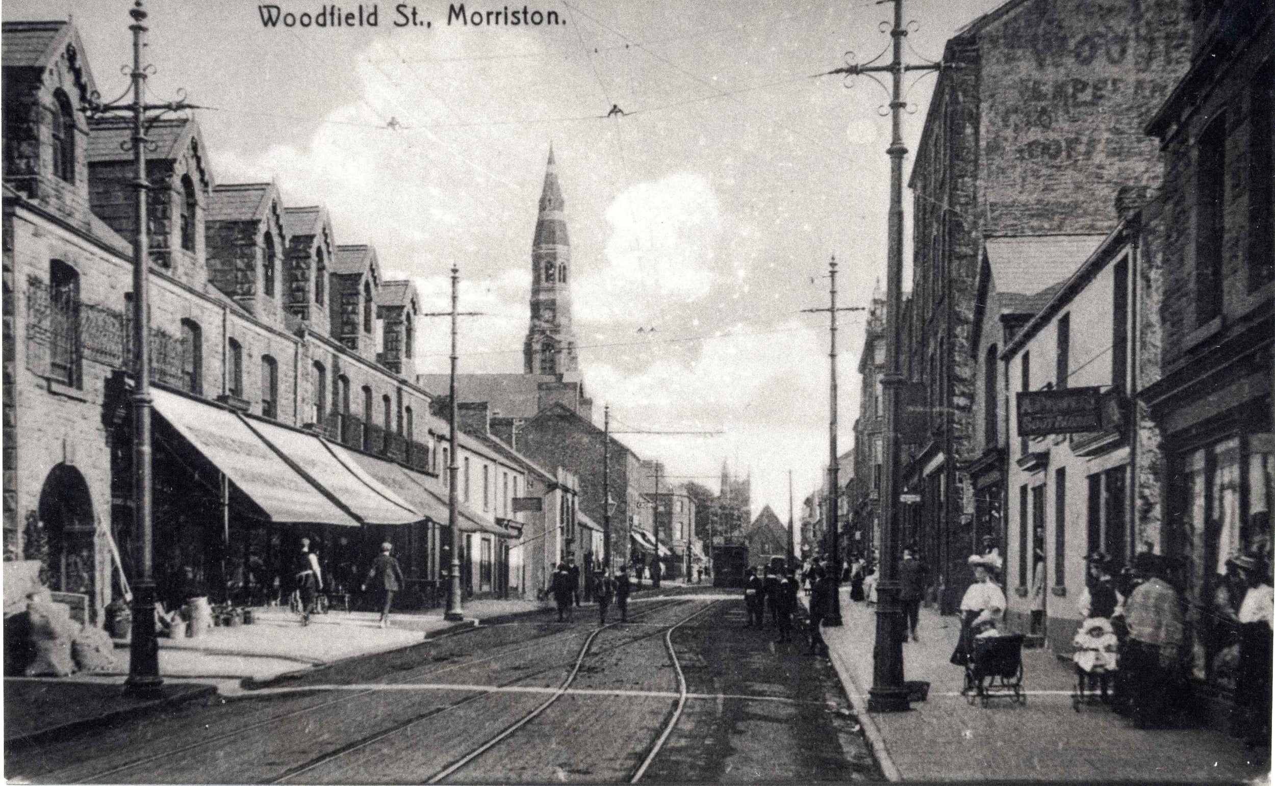 Vintage black and white photo of a street scene in Woodfield St., Morriston.