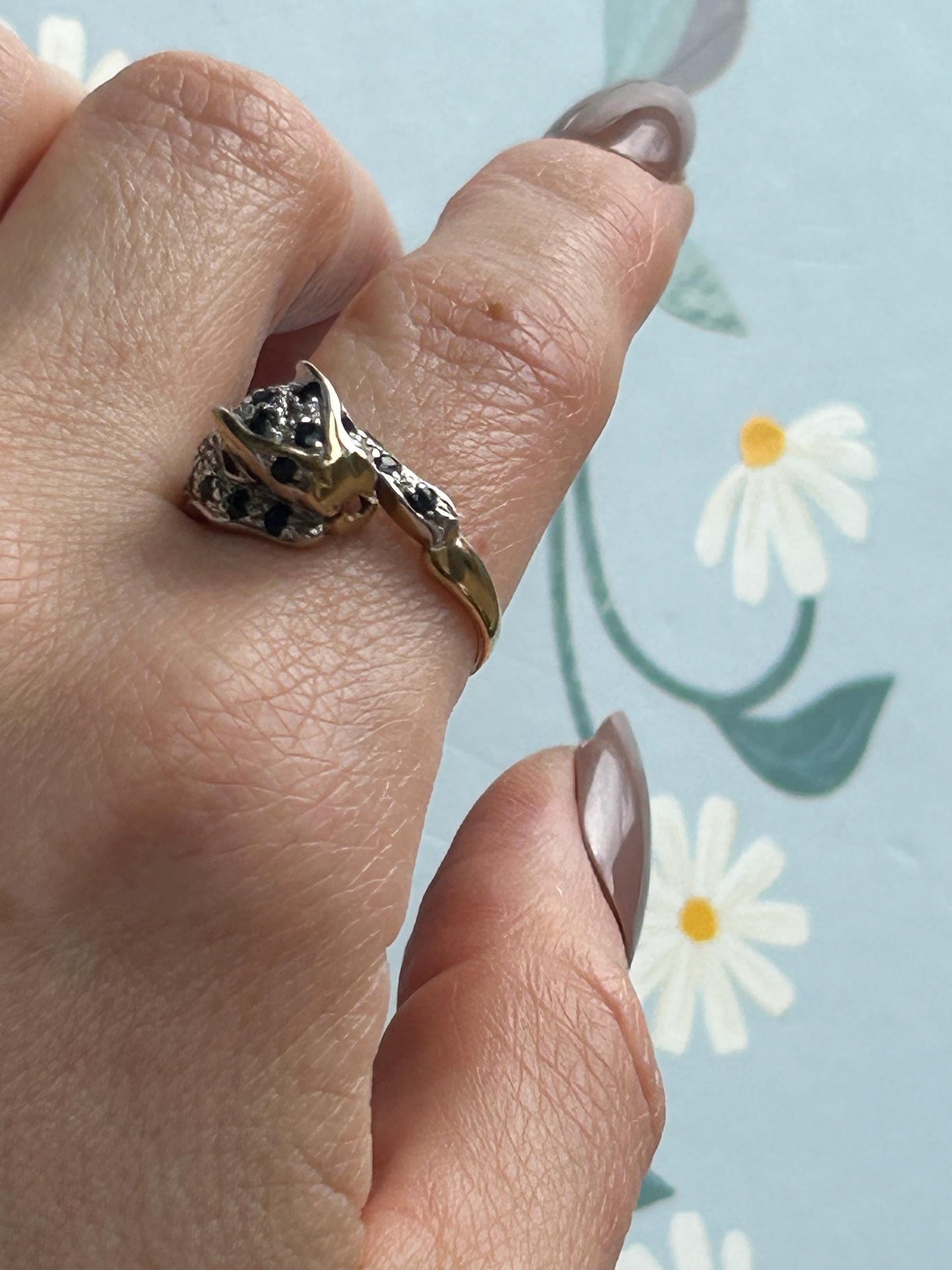 Vintage Panther Sapphire & Diamond Ring, 9ct White Yellow Gold Fancy Jewellery, Spotted Panther Unusual Ring, Statement Animal Jewelry 9K