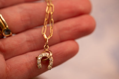 Vintage 14ct Gold Horseshoe and Whip White Gem Charm Jewellery - Equestrian Gift