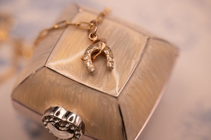 Vintage 14ct Gold Horseshoe and Whip White Gem Charm Jewellery - Equestrian Gift