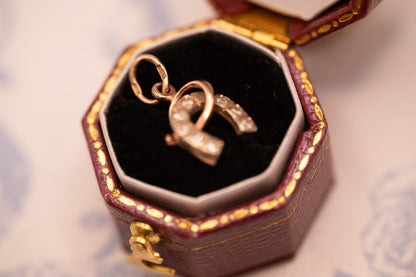 Vintage 14ct Gold Horseshoe and Whip White Gem Charm Jewellery - Equestrian Gift