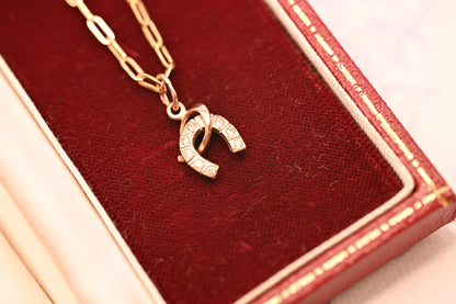 Vintage 14ct Gold Horseshoe and Whip White Gem Charm Jewellery - Equestrian Gift