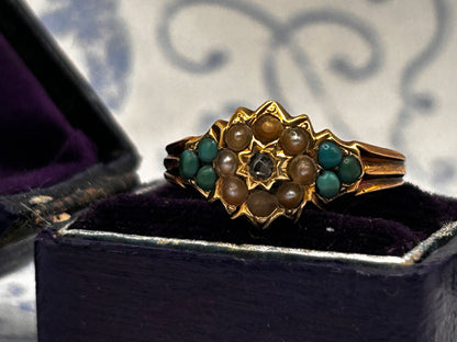Antique - Rare Victorian 15ct Gold Turquoise and Seed Pearl Rose Cut Diamond Dainty Star Ring