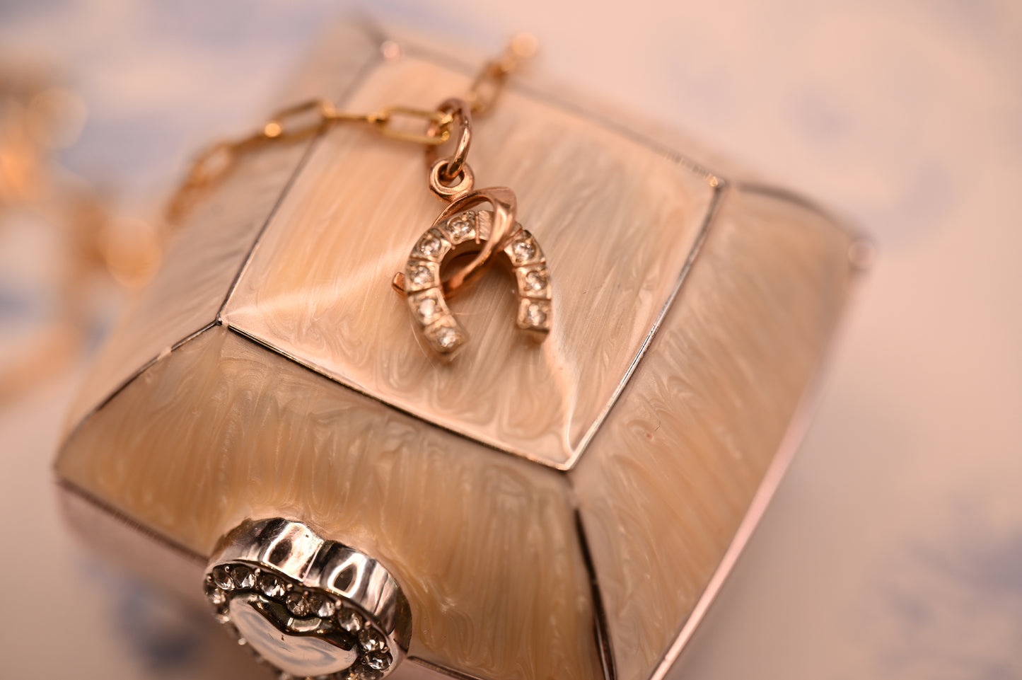 Vintage 14ct Gold Horseshoe and Whip White Gem Charm Jewellery - Equestrian Gift